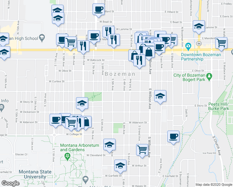 map of restaurants, bars, coffee shops, grocery stores, and more near 420 West Koch Street in Bozeman