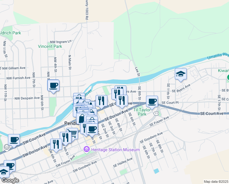 map of restaurants, bars, coffee shops, grocery stores, and more near 46 Southeast 5th Street in Pendleton