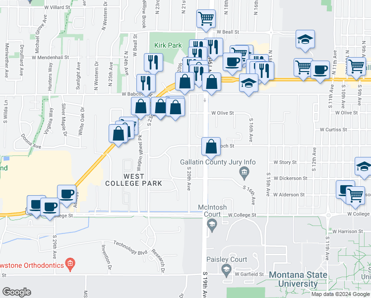 map of restaurants, bars, coffee shops, grocery stores, and more near 2004 West Koch Street in Bozeman