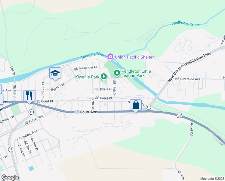 map of restaurants, bars, coffee shops, grocery stores, and more near 1916 Southeast Byers Place in Pendleton