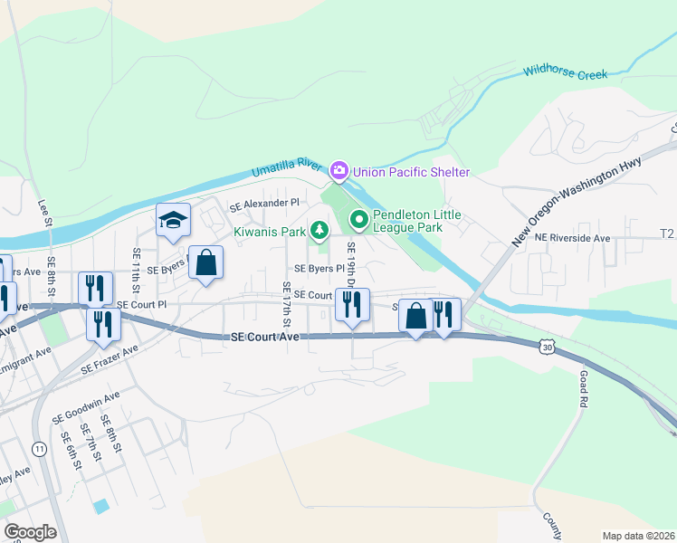 map of restaurants, bars, coffee shops, grocery stores, and more near 1916 Southeast Byers Place in Pendleton