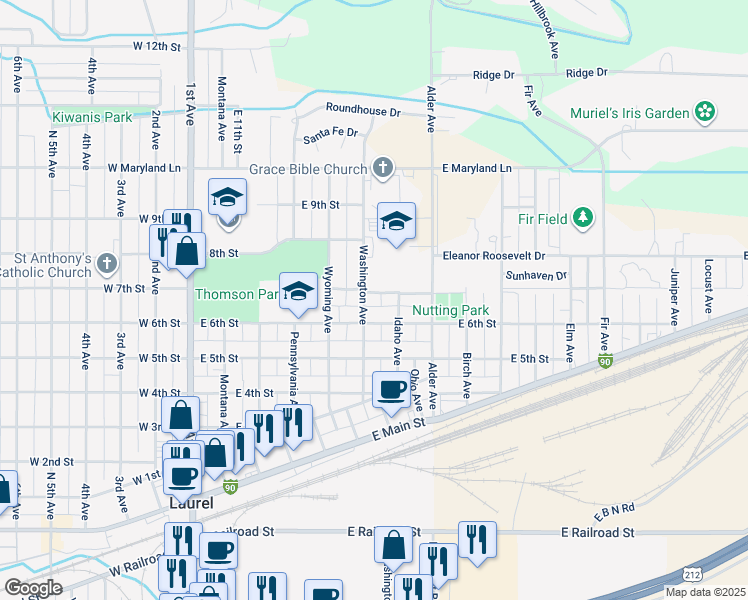 map of restaurants, bars, coffee shops, grocery stores, and more near 611 Washington Avenue in Laurel