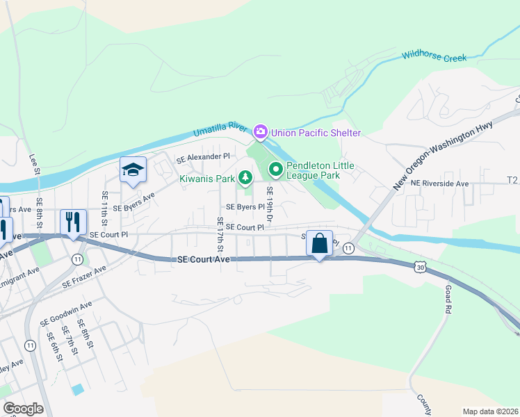 map of restaurants, bars, coffee shops, grocery stores, and more near 1916 Southeast Byers Place in Pendleton