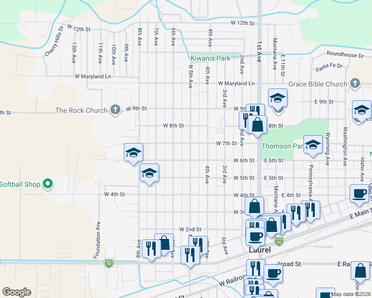 map of restaurants, bars, coffee shops, grocery stores, and more near 609 6th Avenue in Laurel