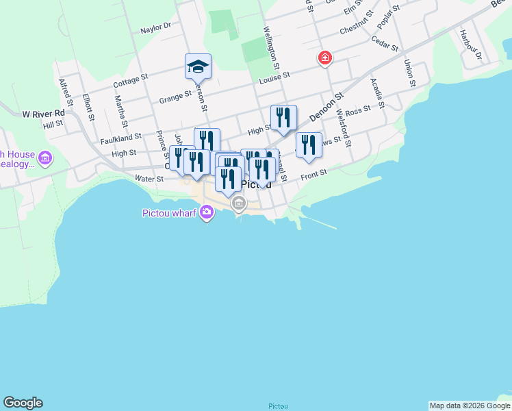 map of restaurants, bars, coffee shops, grocery stores, and more near 41 Coleraine Street in Pictou