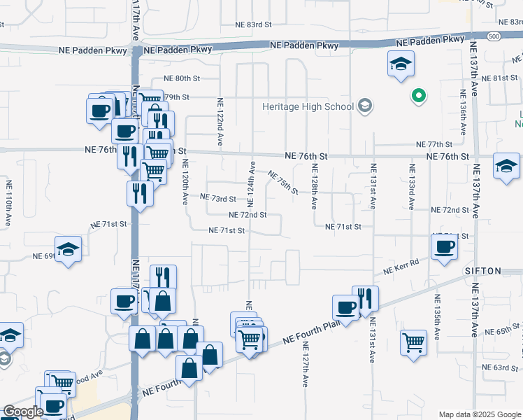 map of restaurants, bars, coffee shops, grocery stores, and more near 12403 Northeast 72nd Street in Vancouver