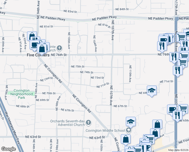 map of restaurants, bars, coffee shops, grocery stores, and more near 10309 Northeast 73rd Street in Vancouver