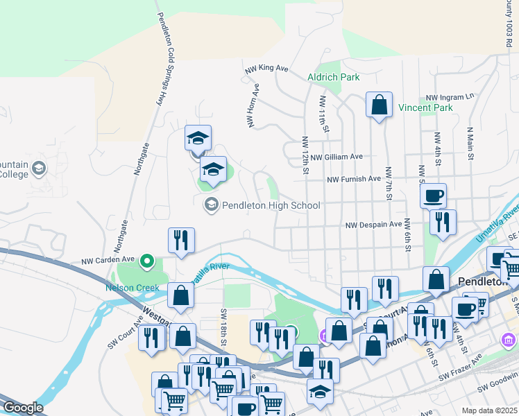 map of restaurants, bars, coffee shops, grocery stores, and more near 401 Northwest 15th Street in Pendleton