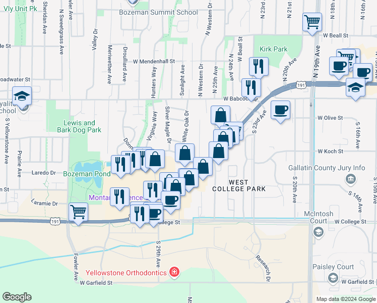 map of restaurants, bars, coffee shops, grocery stores, and more near 318 White Oak Drive in Bozeman