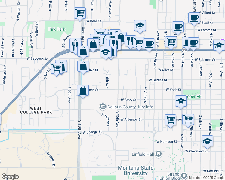 map of restaurants, bars, coffee shops, grocery stores, and more near 1522 West Koch Street in Bozeman