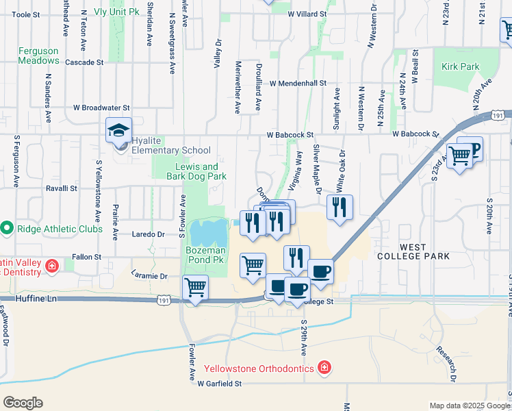 map of restaurants, bars, coffee shops, grocery stores, and more near 351 Magdalene Way in Bozeman