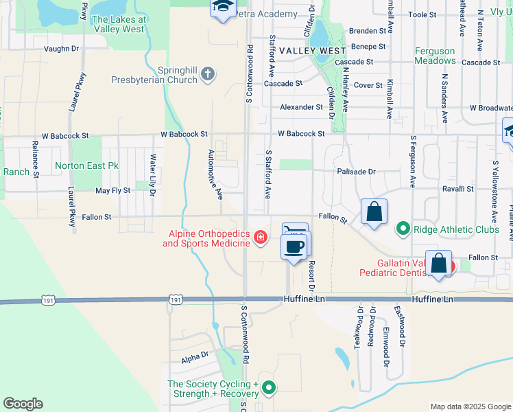 map of restaurants, bars, coffee shops, grocery stores, and more near 4555 Fallon Street in Bozeman