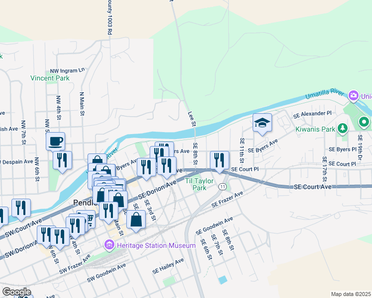 map of restaurants, bars, coffee shops, grocery stores, and more near 702 Southeast Byers Avenue in Pendleton