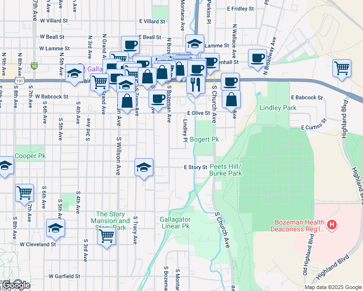 map of restaurants, bars, coffee shops, grocery stores, and more near 329 Lindley Place in Bozeman