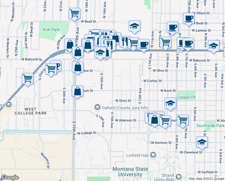 map of restaurants, bars, coffee shops, grocery stores, and more near 1501 West Koch Street in Bozeman