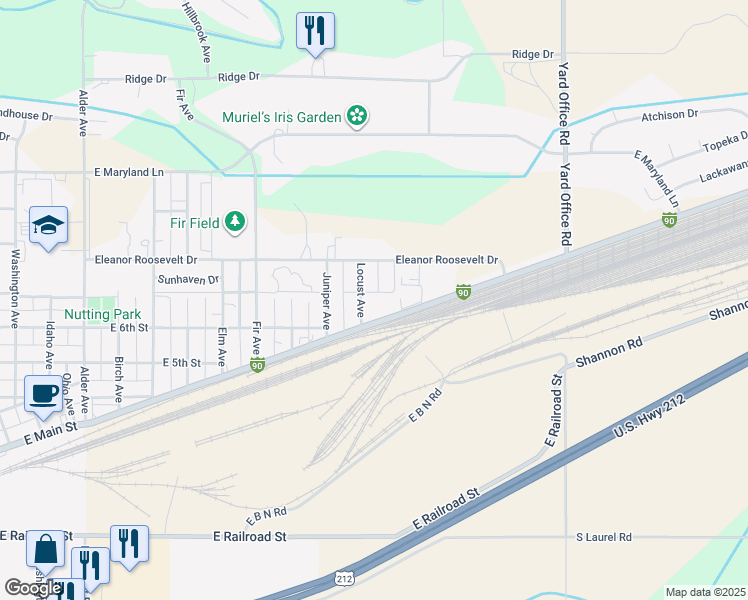 map of restaurants, bars, coffee shops, grocery stores, and more near 619 Locust Avenue in Laurel