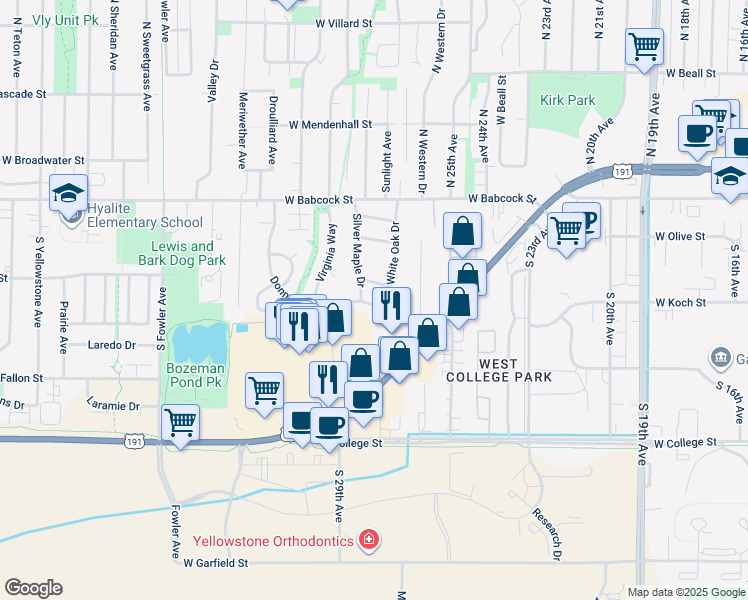 map of restaurants, bars, coffee shops, grocery stores, and more near 2723 Donna Avenue in Bozeman