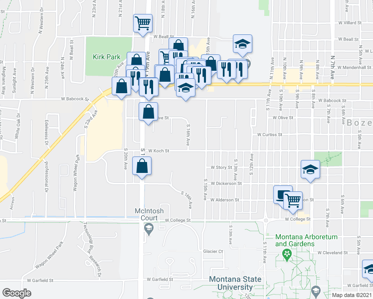 map of restaurants, bars, coffee shops, grocery stores, and more near 1522 West Koch Street in Bozeman