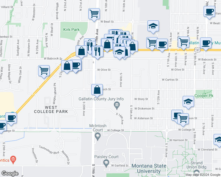 map of restaurants, bars, coffee shops, grocery stores, and more near 1700 West Koch Street in Bozeman