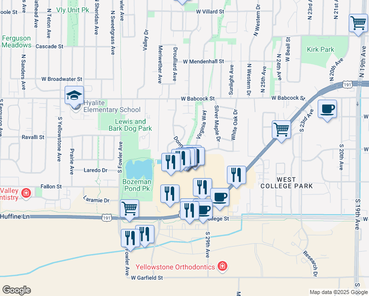 map of restaurants, bars, coffee shops, grocery stores, and more near 351 Magdalene Way in Bozeman