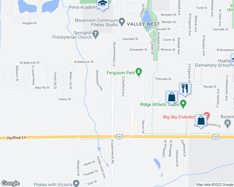 map of restaurants, bars, coffee shops, grocery stores, and more near 4555 Fallon Street in Bozeman