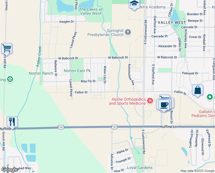 map of restaurants, bars, coffee shops, grocery stores, and more near 5151 Fallon Street in Bozeman