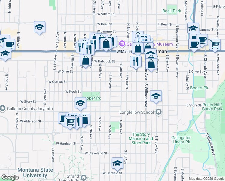 map of restaurants, bars, coffee shops, grocery stores, and more near 420 West Koch Street in Bozeman