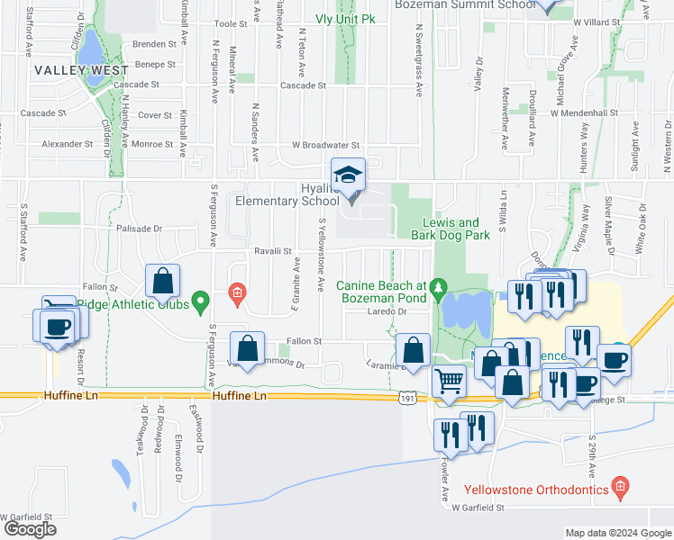 map of restaurants, bars, coffee shops, grocery stores, and more near 309 Prairie Avenue in Bozeman