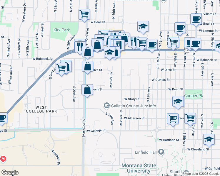 map of restaurants, bars, coffee shops, grocery stores, and more near 1522 West Koch Street in Bozeman