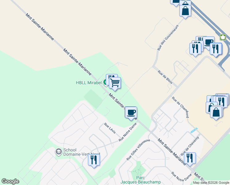 map of restaurants, bars, coffee shops, grocery stores, and more near 11685 Montée Sainte-Marianne in Mirabel
