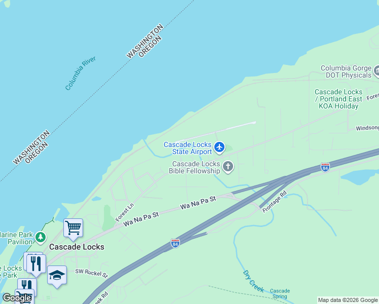 map of restaurants, bars, coffee shops, grocery stores, and more near 25 Northeast Redlock Lane in Cascade Locks