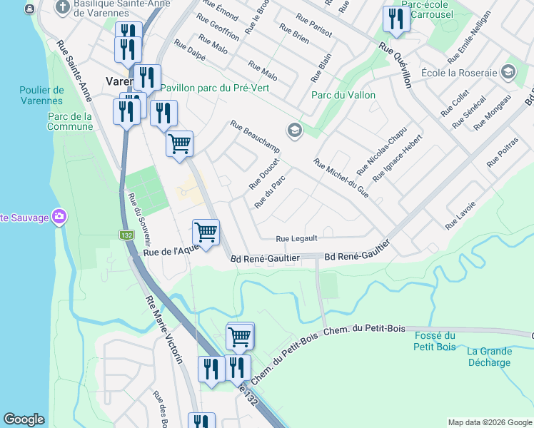 map of restaurants, bars, coffee shops, grocery stores, and more near 2014 Rue Charbonneau in Varennes