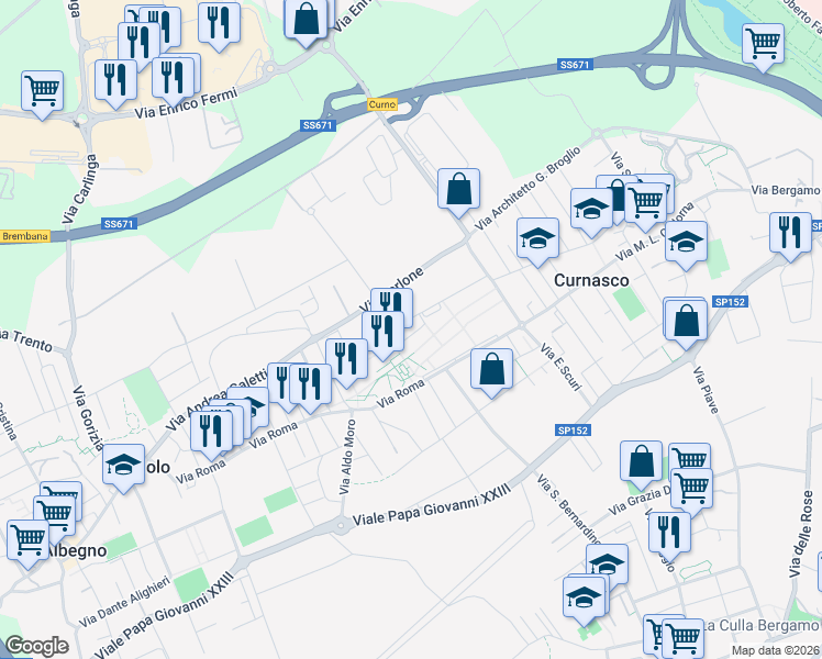 map of restaurants, bars, coffee shops, grocery stores, and more near 2 Vicolo dei Frassini in Treviolo