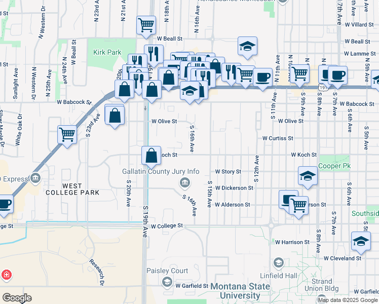 map of restaurants, bars, coffee shops, grocery stores, and more near 1611 West Koch Street in Bozeman