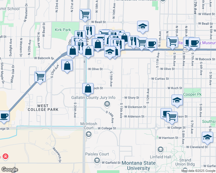 map of restaurants, bars, coffee shops, grocery stores, and more near 1603 West Koch Street in Bozeman