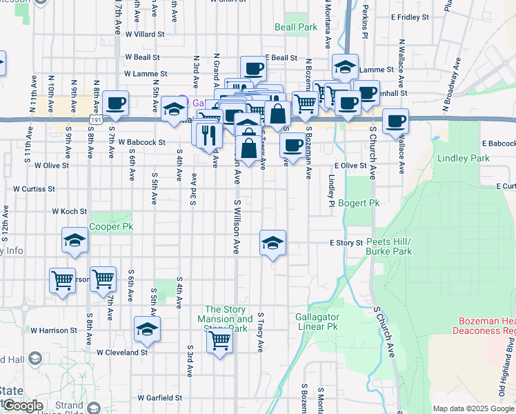 map of restaurants, bars, coffee shops, grocery stores, and more near 405 South Tracy Avenue in Bozeman