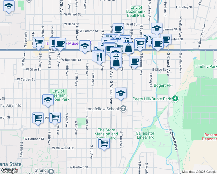 map of restaurants, bars, coffee shops, grocery stores, and more near 415 South Willson Avenue in Bozeman
