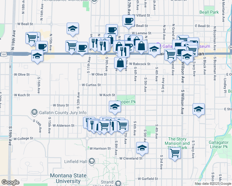 map of restaurants, bars, coffee shops, grocery stores, and more near 409 South 8th Avenue in Bozeman