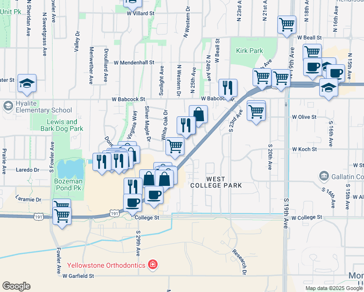 map of restaurants, bars, coffee shops, grocery stores, and more near 407-499 Yerger Dr in Bozeman