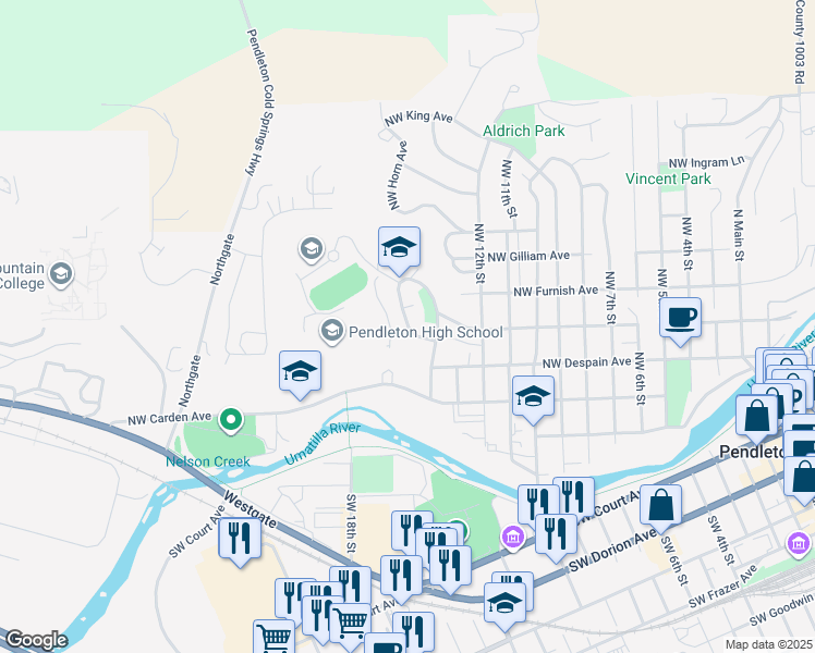 map of restaurants, bars, coffee shops, grocery stores, and more near 401 Northwest 15th Street in Pendleton