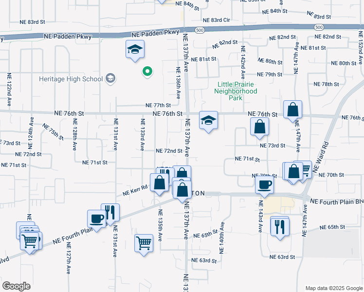 map of restaurants, bars, coffee shops, grocery stores, and more near 7114 Northeast 137th Avenue in Vancouver