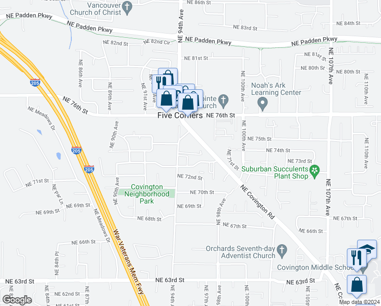 map of restaurants, bars, coffee shops, grocery stores, and more near 9500 Northeast 73rd Street in Vancouver