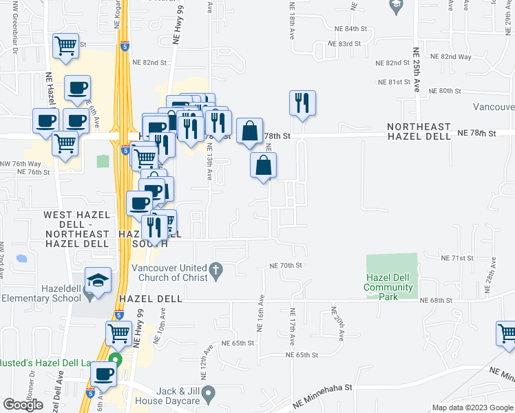 map of restaurants, bars, coffee shops, grocery stores, and more near 7302 Northeast 16th Avenue in Vancouver