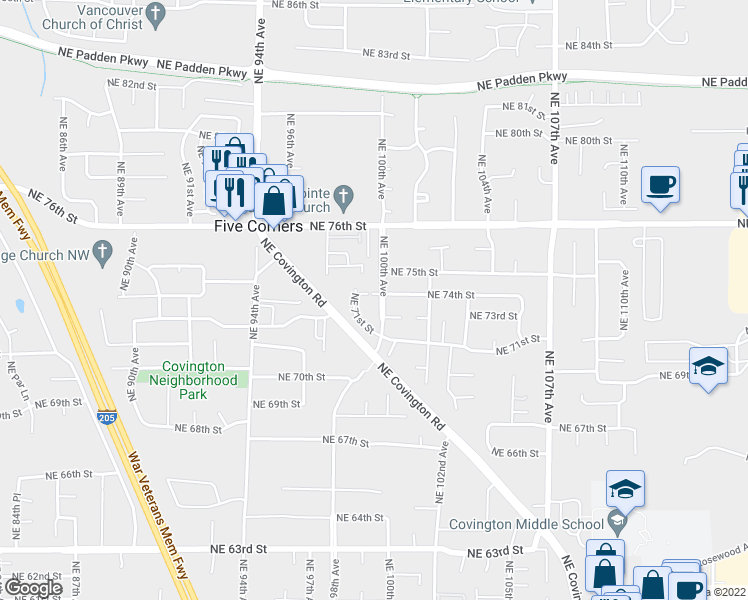 map of restaurants, bars, coffee shops, grocery stores, and more near 9907 Northeast 74th Street in Vancouver