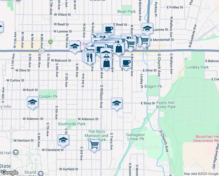 map of restaurants, bars, coffee shops, grocery stores, and more near 5 West Koch Street in Bozeman