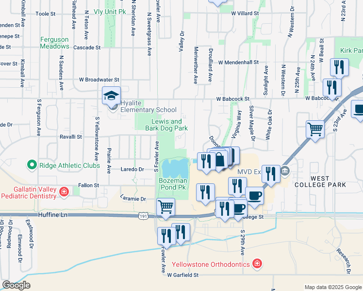 map of restaurants, bars, coffee shops, grocery stores, and more near 132 Pond Row in Bozeman
