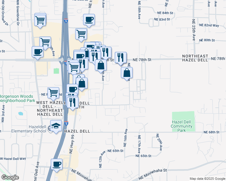 map of restaurants, bars, coffee shops, grocery stores, and more near 7308 Northeast 14th Court in Vancouver