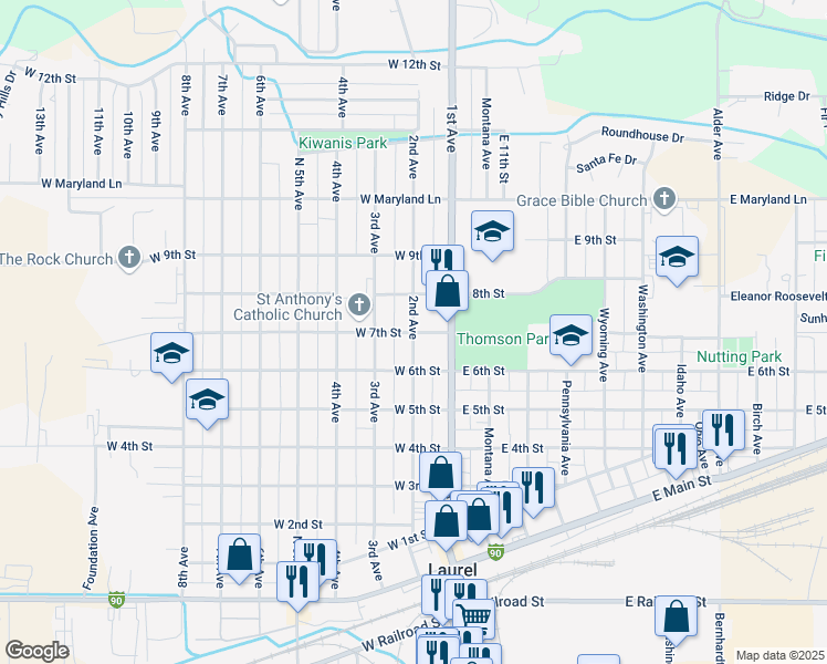 map of restaurants, bars, coffee shops, grocery stores, and more near 200 West 7th Street in Laurel