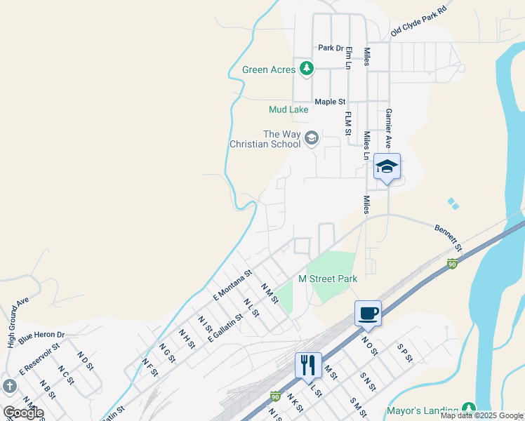 map of restaurants, bars, coffee shops, grocery stores, and more near 701 North N Street in Livingston