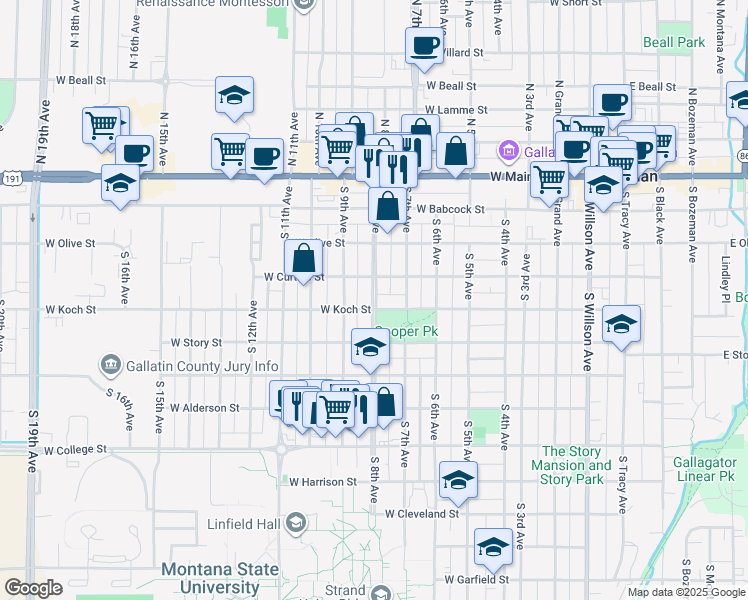 map of restaurants, bars, coffee shops, grocery stores, and more near 409 South 8th Avenue in Bozeman